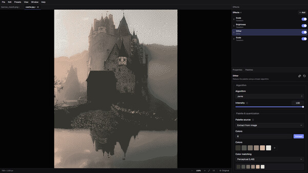 DitherMaster Studio interface applying a limited-palette dither effect to castle artwork