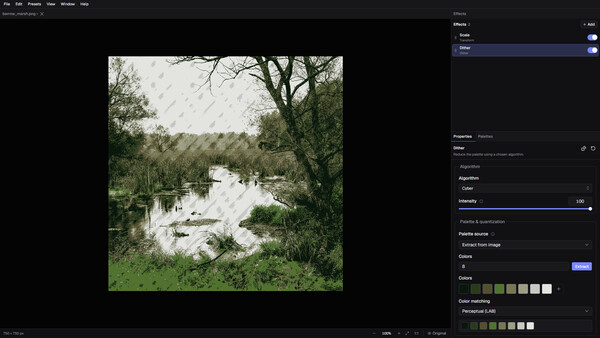 DitherMaster Studio editing a landscape with palette-based dithering